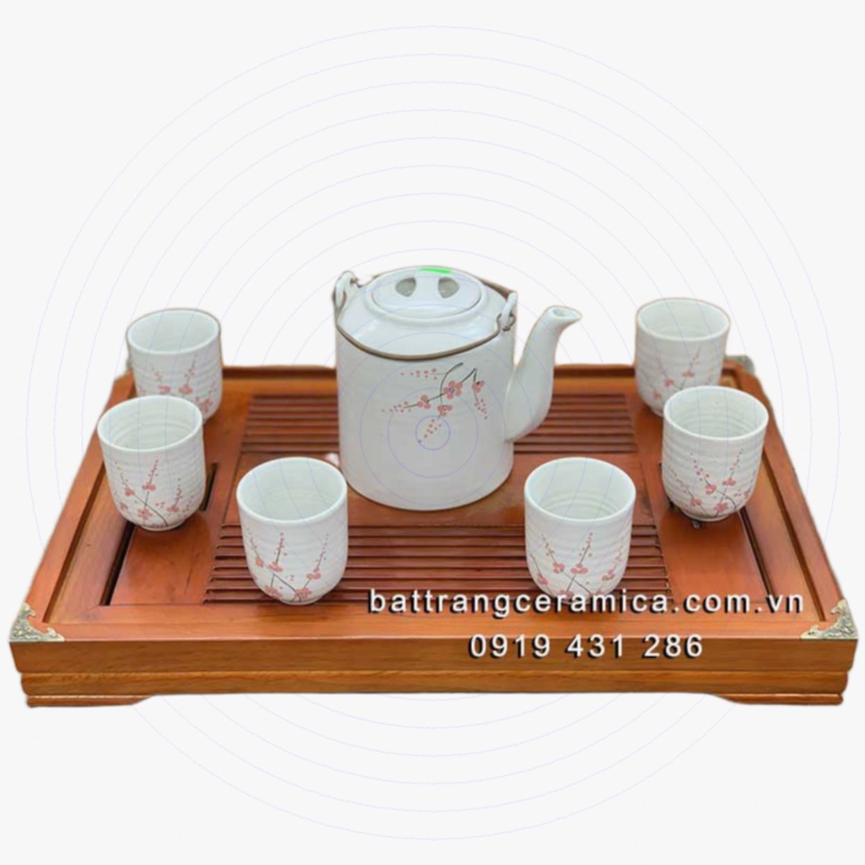 Bộ ấm tích men gấm hoa đào 1L gốm Bát Tràng đẹp cao cấp 