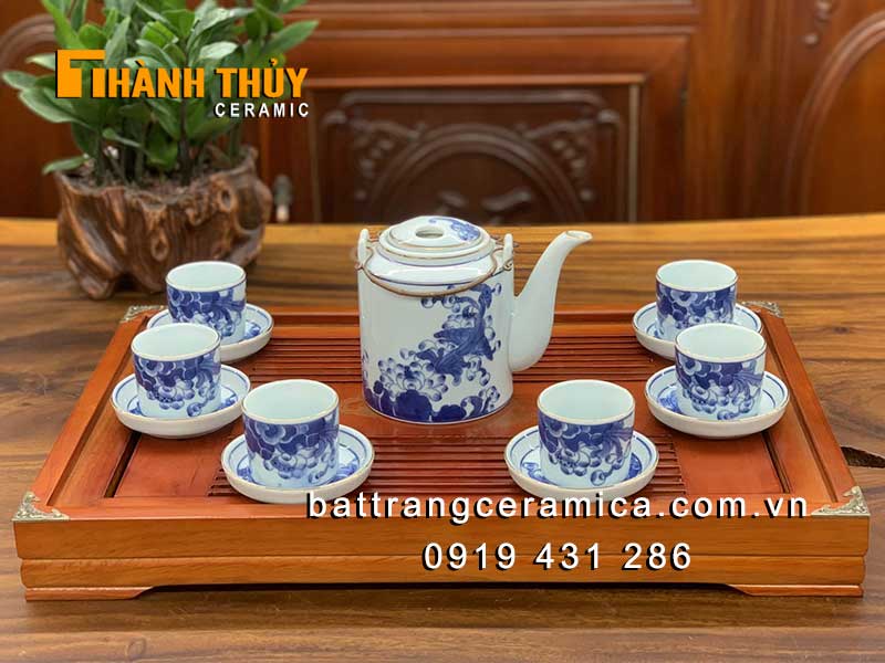 Bộ ấm tích hoa sen 24k sang trọng 1 lít gốm Bát Tràng đẹp 
