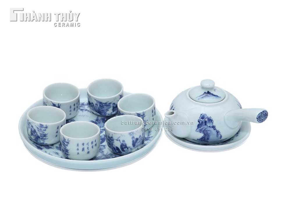 Ấm trà men lam cổ vẽ sơn thủy tinh tế làm quà tặng sang trọng 