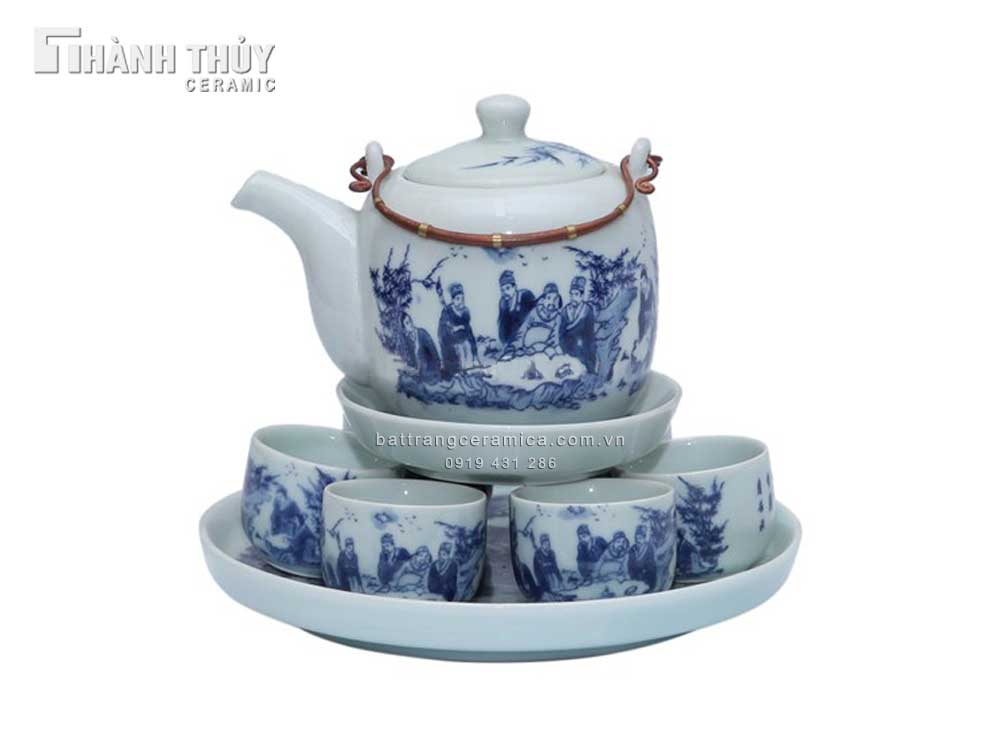 Bộ ấm trà men lam cổ Trúc Lâm Thất Hiền, quà tặng độc đáo sang trọng 