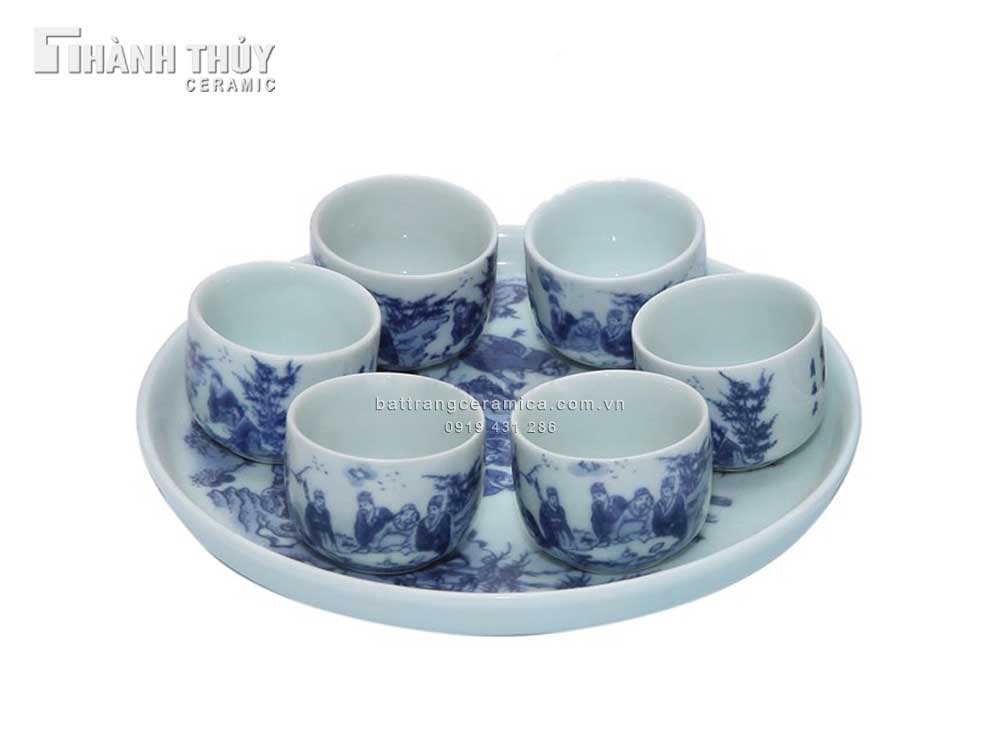 Bộ ấm trà men lam cổ Trúc Lâm Thất Hiền, quà tặng độc đáo sang trọng