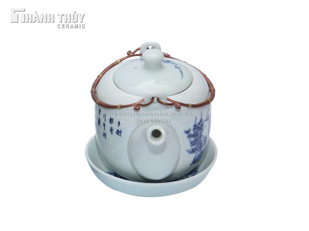 Bộ ấm trà men lam cổ Trúc Lâm Thất Hiền, quà tặng độc đáo sang trọng