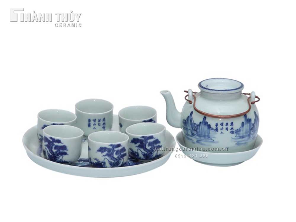 Bộ ấm chén men lam cổ tranh sơn thủy tinh tế sang trọng