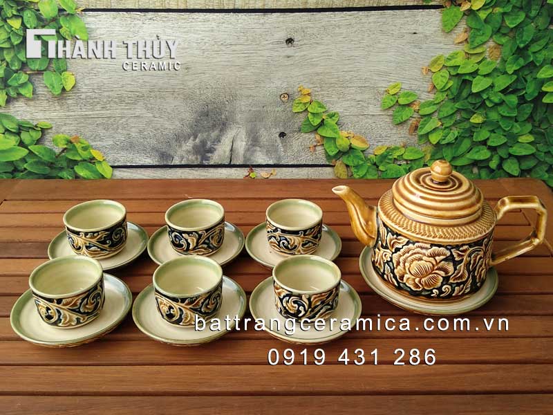 Bộ ấm chén vuông khắc hoa dây sang trọng độc đáo quà tặng 