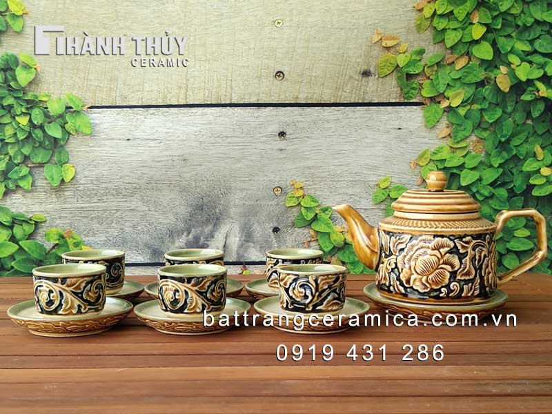 Bộ ấm chén vuông khắc hoa dây sang trọng độc đáo quà tặng