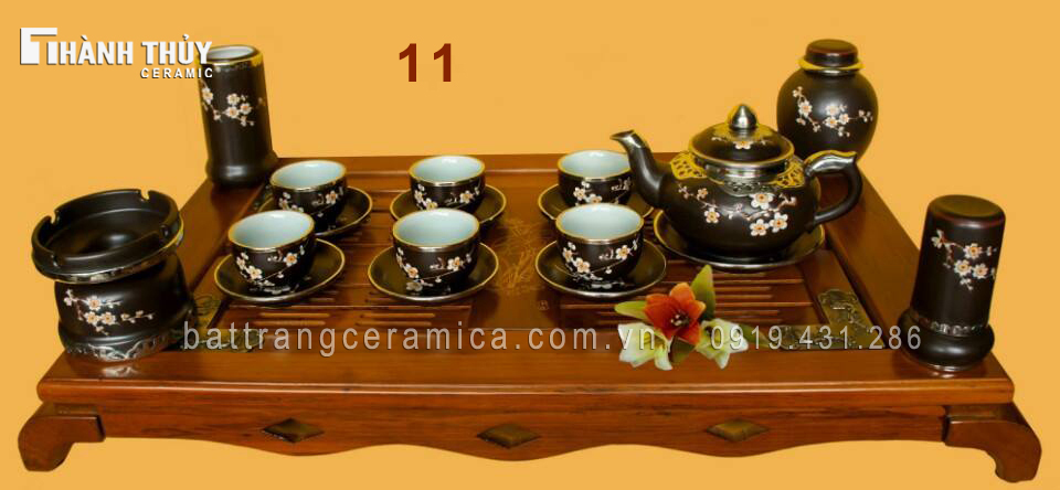 Ấm chén men nâu hoa đào khắc tay bọc đồng sang trọng, quà tặng 