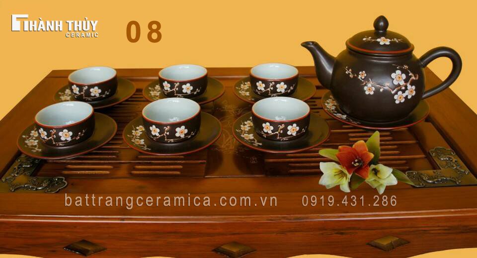 Ấm chén men nâu hoa đào sang trọng tỉ mỉ, quà tặng độc đáo