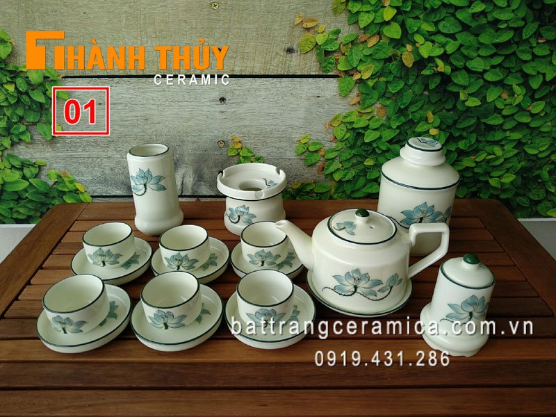 Bộ trà vuông hoa sen xanh Bát Tràng tinh tế giá tốt
