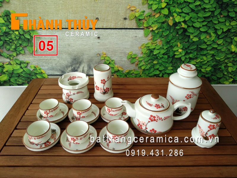 Bộ trà hoa đào men kem Bát Tràng cao cấp sang trọng quà tặng ý nghĩa