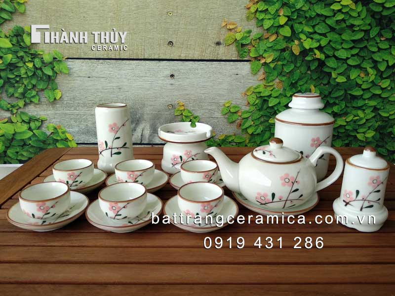 Ấm chén men kem hoa đào phai Bát Tràng cao cấp sang trọng 