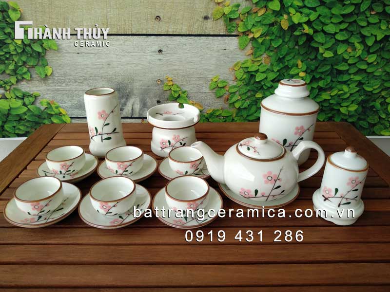 Ấm chén men kem hoa đào phai Bát Tràng cao cấp sang trọng