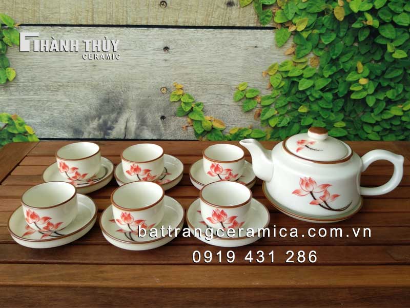 ấm chén vuông men kem hoa sen bộ trà gốm sứ bát tràng cao cấp 