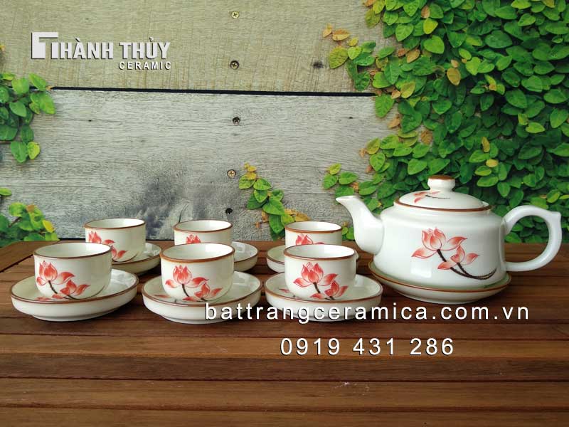 ấm chén vuông men kem hoa sen bộ trà gốm sứ bát tràng cao cấp