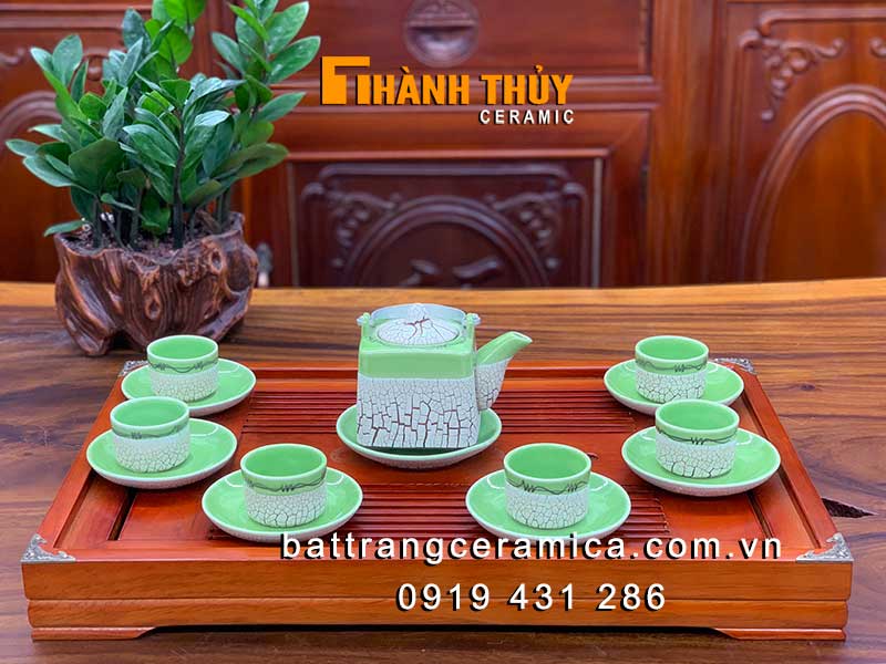 Bộ ấm chén vuông men nứt Bát Tràng sang trọng giá tốt