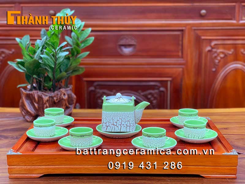 Bộ ấm chén vuông men nứt Bát Tràng sang trọng giá tốt