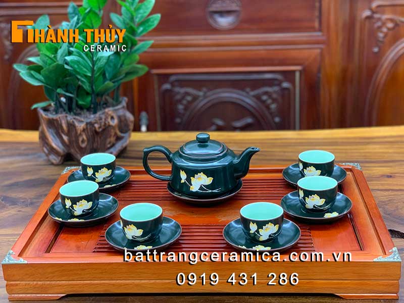 Bộ ấm chén Bát Tràng men xanh rêu hoa sen cao cấp đẹp mê 
