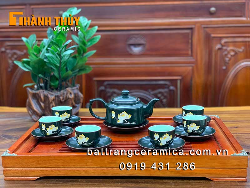 Bộ ấm chén Bát Tràng men xanh rêu hoa sen cao cấp đẹp mê