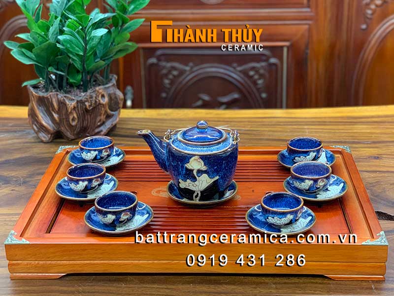 Bộ ấm chén hoa sen hoả biến Bát Tràng cao cấp quà tặng ý nghĩa