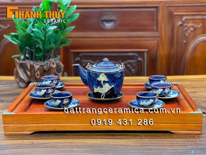 Bộ ấm chén hoa sen hoả biến Bát Tràng cao cấp quà tặng ý nghĩa