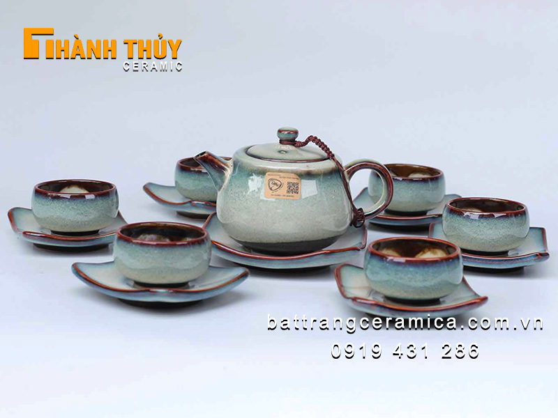 Bộ ấm chén hỏa biến xanh lơ Bát Tràng cao cấp độc đáo sang trọng 