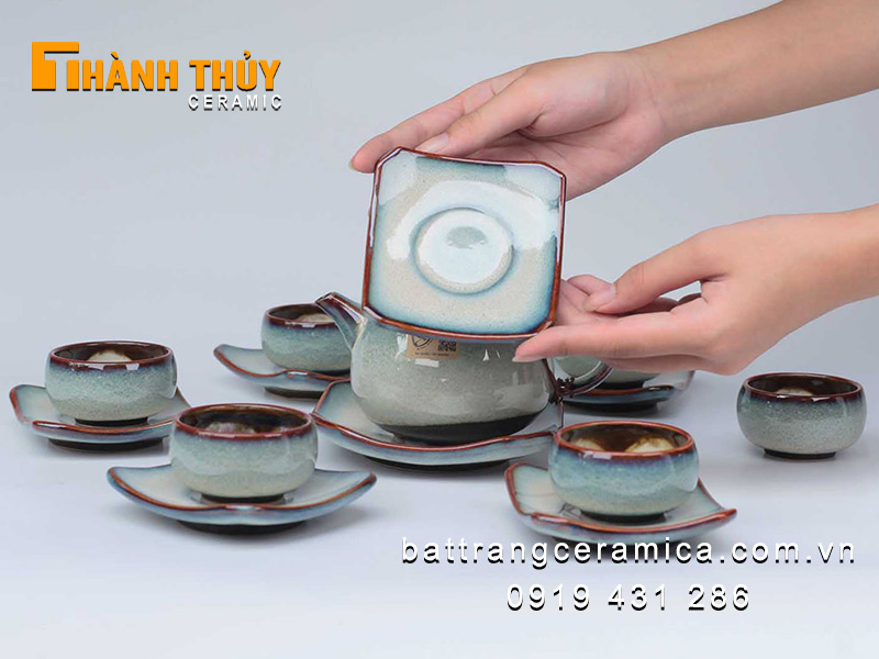 Bộ ấm chén hỏa biến xanh lơ Bát Tràng cao cấp độc đáo sang trọng