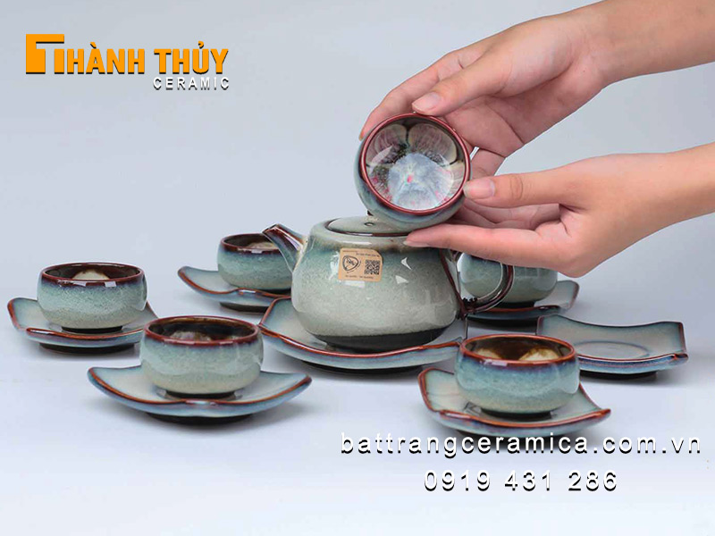 Bộ ấm chén hỏa biến xanh lơ Bát Tràng cao cấp độc đáo sang trọng