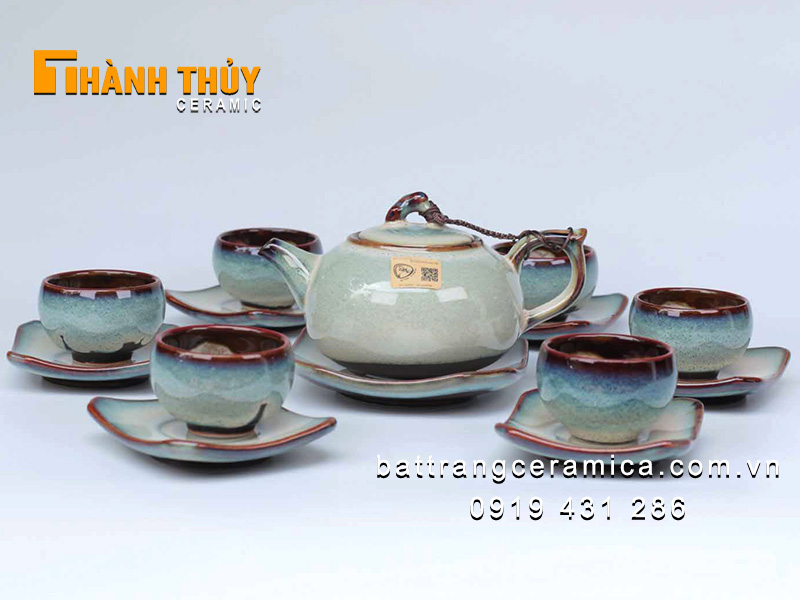 Bộ ấm chén hỏa biến tuyết xanh Bát Tràng cao cấp sang trọng 