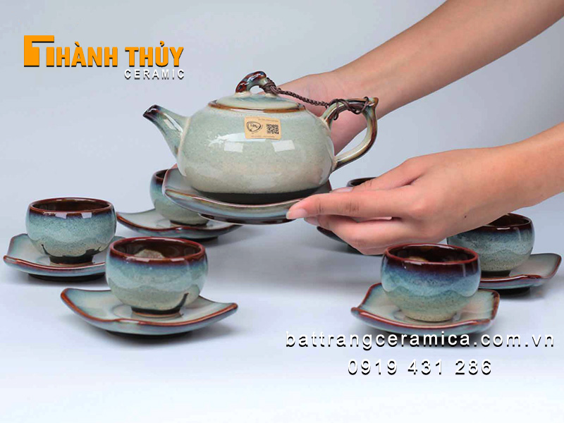 Bộ ấm chén hỏa biến tuyết xanh Bát Tràng cao cấp sang trọng