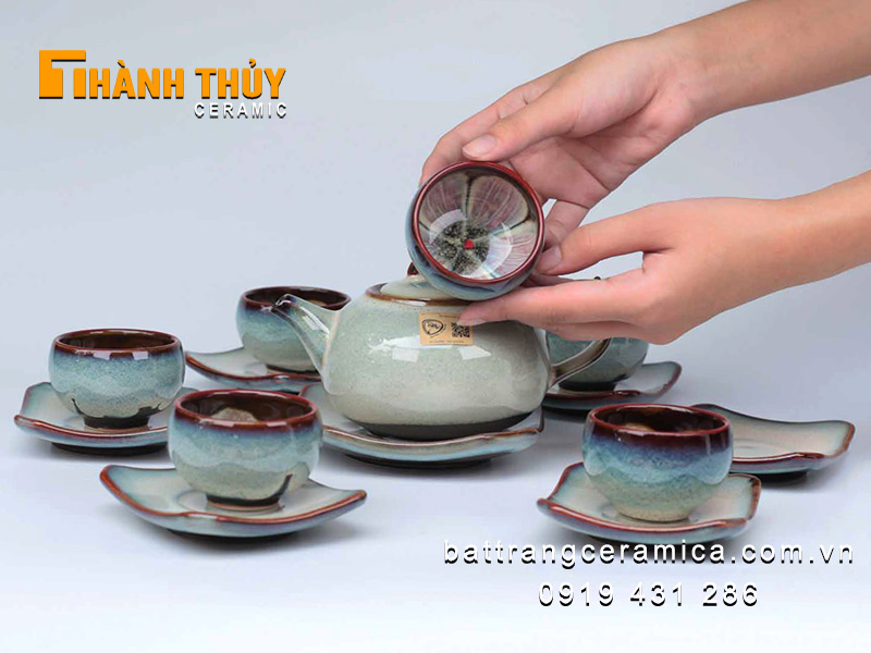 Bộ ấm chén hỏa biến tuyết xanh Bát Tràng cao cấp sang trọng