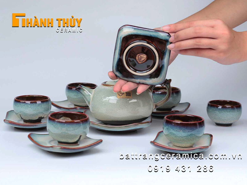 Bộ ấm chén hỏa biến tuyết xanh Bát Tràng cao cấp sang trọng