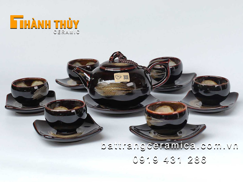 Bộ ấm chén hỏa biến nâu cao cấp Bát Tràng độc đáo sang trọng 
