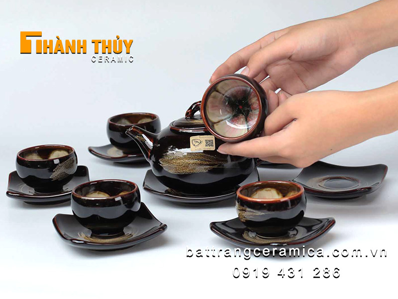 Bộ ấm chén hỏa biến nâu cao cấp Bát Tràng độc đáo sang trọng