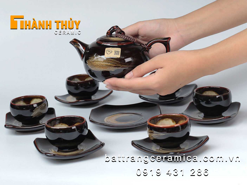 Bộ ấm chén hỏa biến nâu cao cấp Bát Tràng độc đáo sang trọng