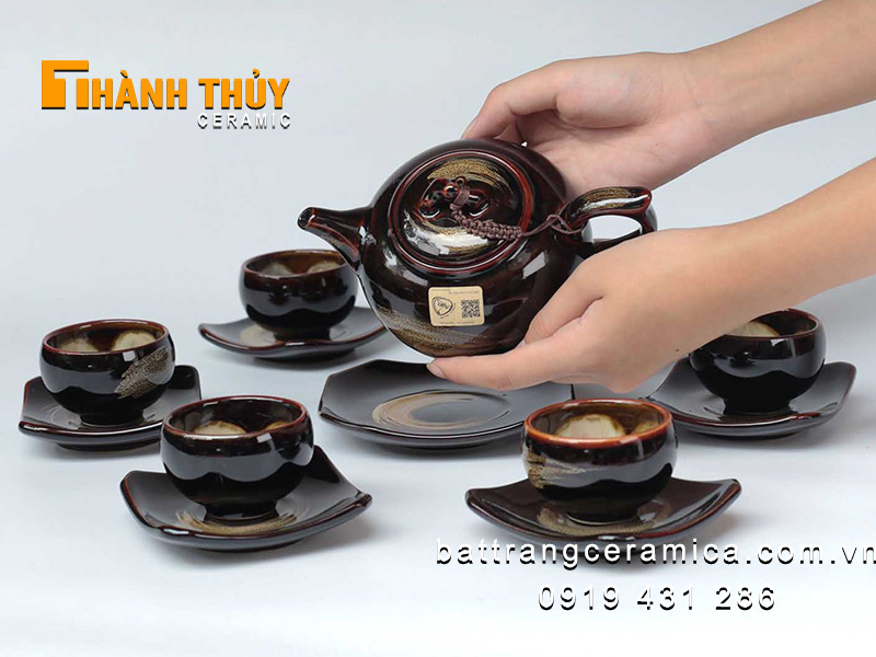 Bộ ấm chén hỏa biến nâu cao cấp Bát Tràng độc đáo sang trọng