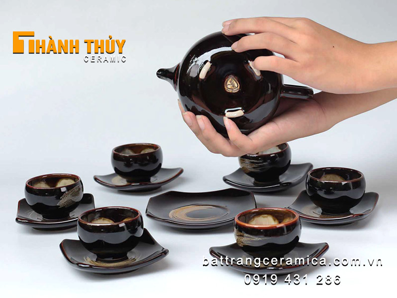 Bộ ấm chén hỏa biến nâu cao cấp Bát Tràng độc đáo sang trọng