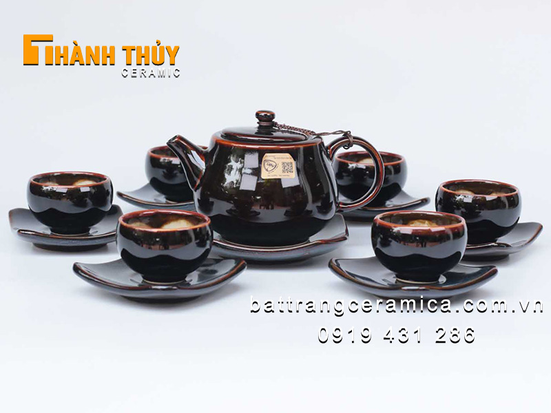 Bình trà hỏa biến nâu lòng hoa cao cấp Bát Tràng ấm chén sang trọng đẹp