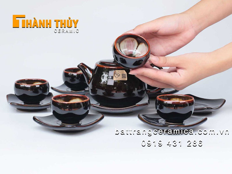 Bình trà hỏa biến nâu lòng hoa cao cấp Bát Tràng ấm chén sang trọng đẹp