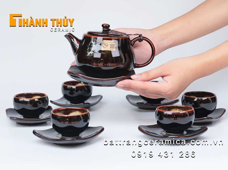 Bình trà hỏa biến nâu lòng hoa cao cấp Bát Tràng ấm chén sang trọng đẹp