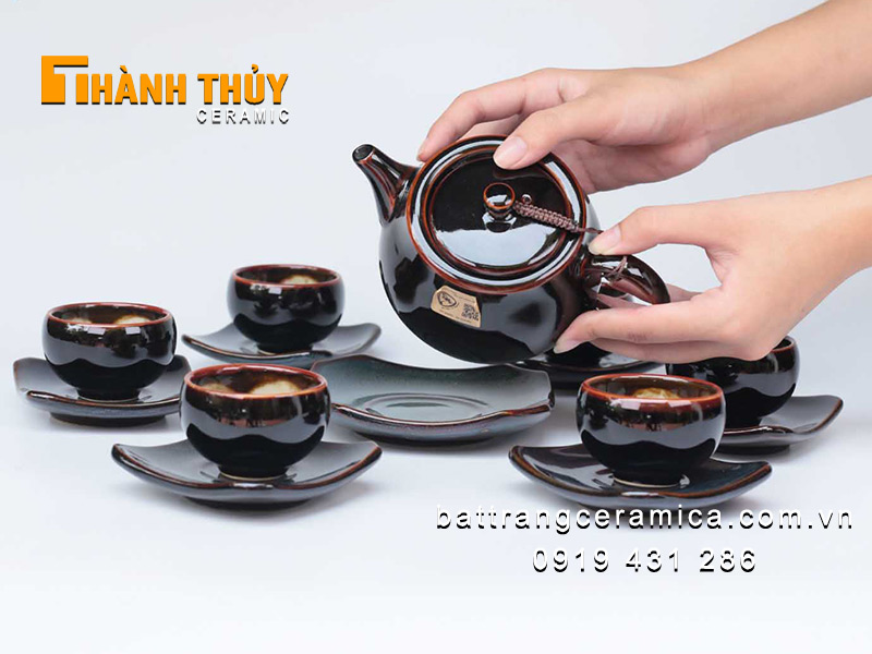 Bình trà hỏa biến nâu lòng hoa cao cấp Bát Tràng ấm chén sang trọng đẹp