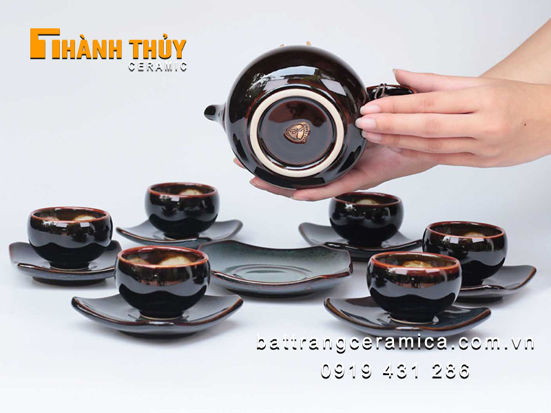 Bình trà hỏa biến nâu lòng hoa cao cấp Bát Tràng ấm chén sang trọng đẹp