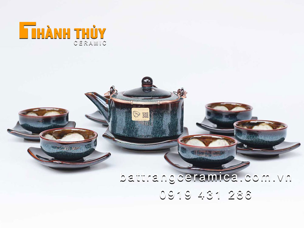 Bộ ấm chén vuông men hỏa biến gấm xanh sang trọng tặng quà cao cấp
