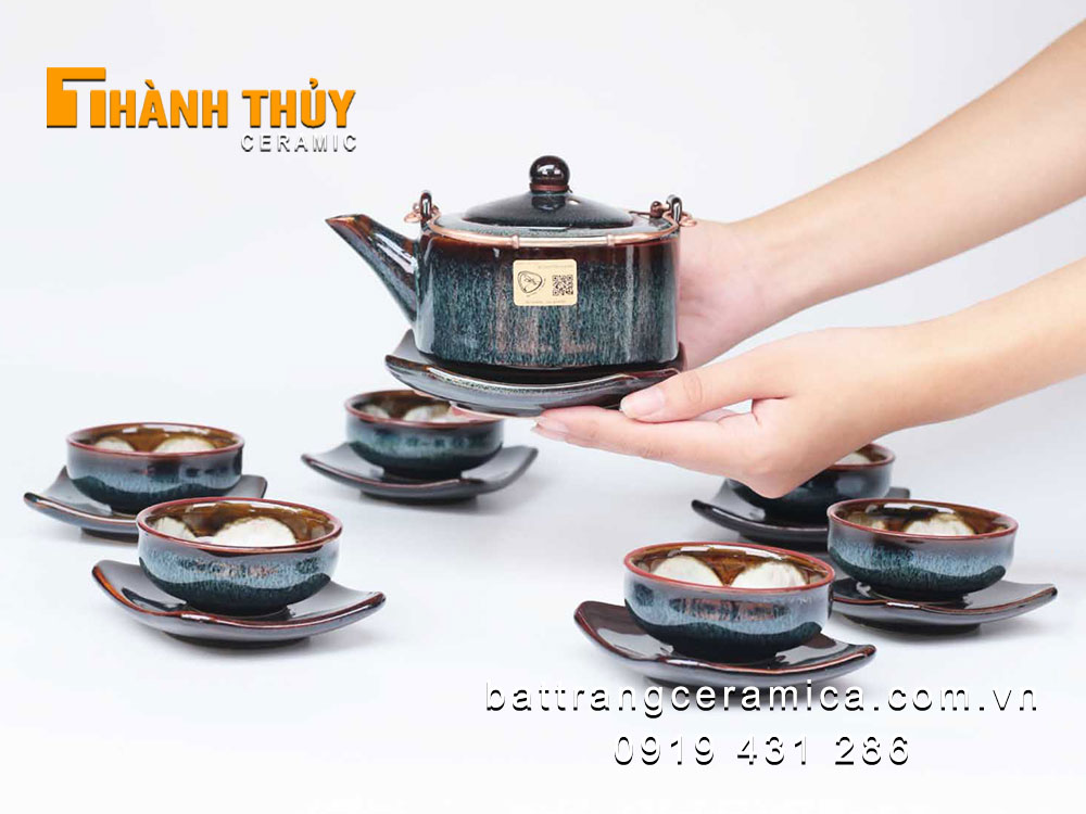 Bộ ấm chén vuông men hỏa biến gấm xanh sang trọng tặng quà cao cấp