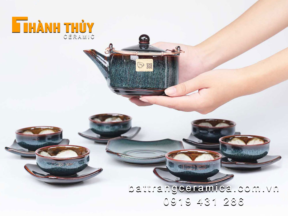 Bộ ấm chén vuông men hỏa biến gấm xanh sang trọng tặng quà cao cấp