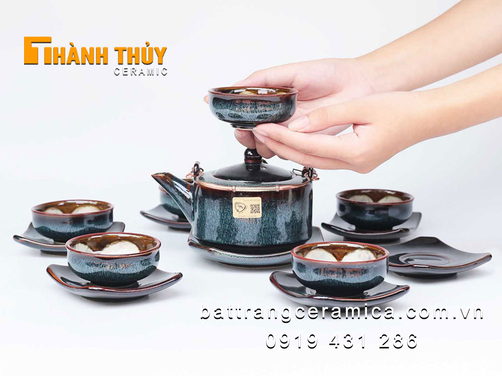 Bộ ấm chén vuông men hỏa biến gấm xanh sang trọng tặng quà cao cấp