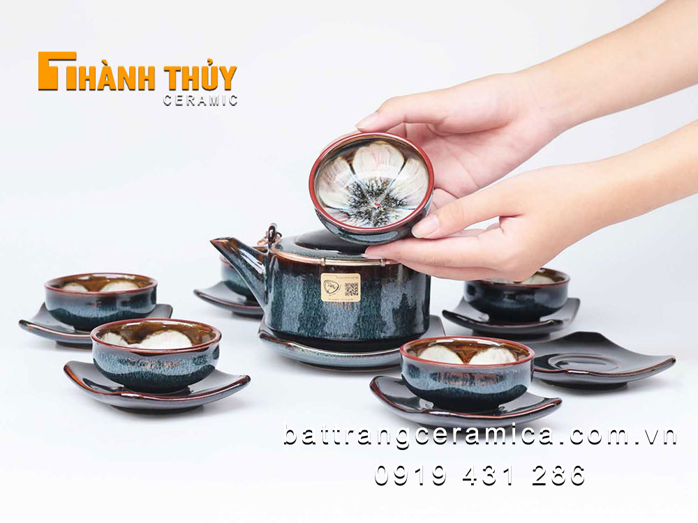 Bộ ấm chén vuông men hỏa biến gấm xanh sang trọng tặng quà cao cấp