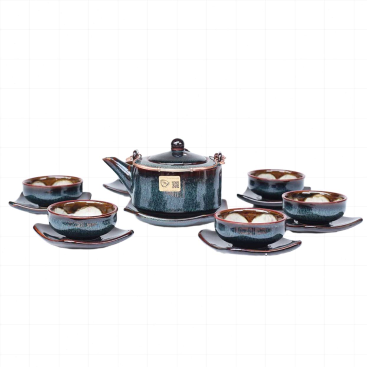Bộ ấm chén vuông men hỏa biến gấm xanh sang trọng tặng quà cao cấp 