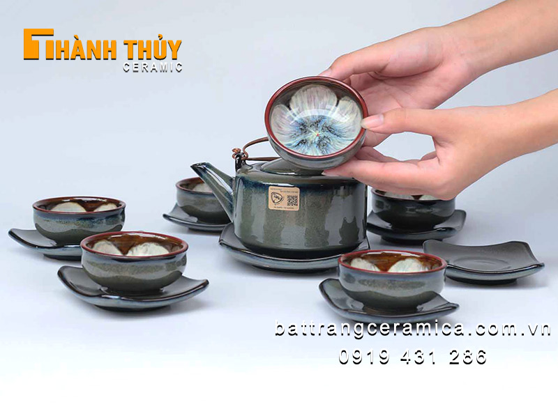 Bộ ấm chén vuông men hỏa biến đẳng cấp quà tặng sang trọng 