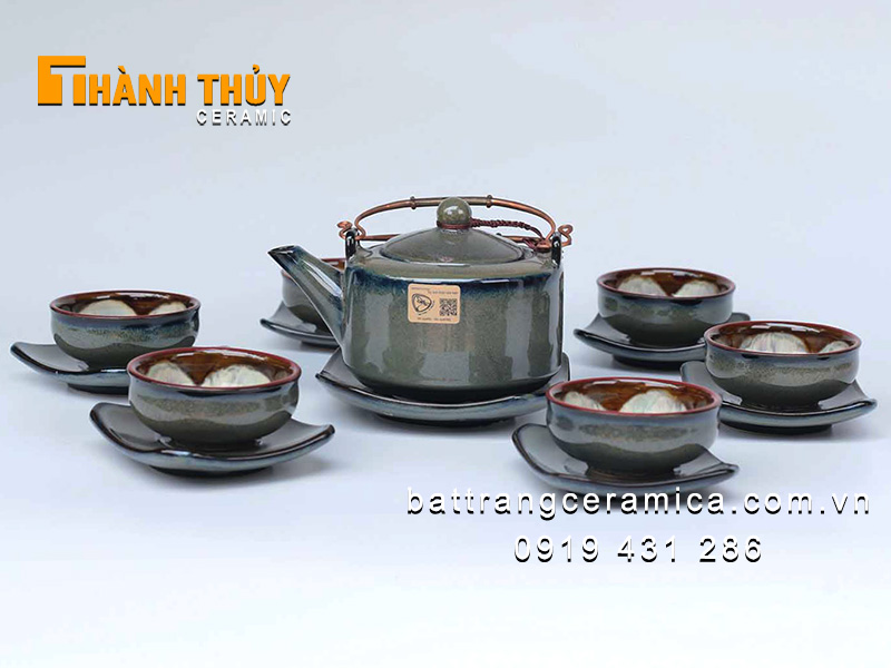 Bộ ấm chén vuông men hỏa biến đẳng cấp quà tặng sang trọng