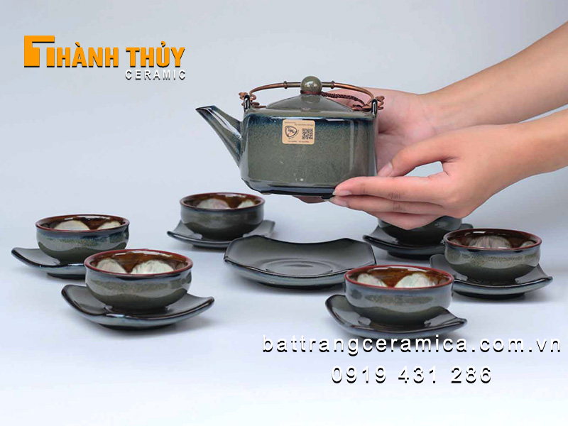 Bộ ấm chén vuông men hỏa biến đẳng cấp quà tặng sang trọng