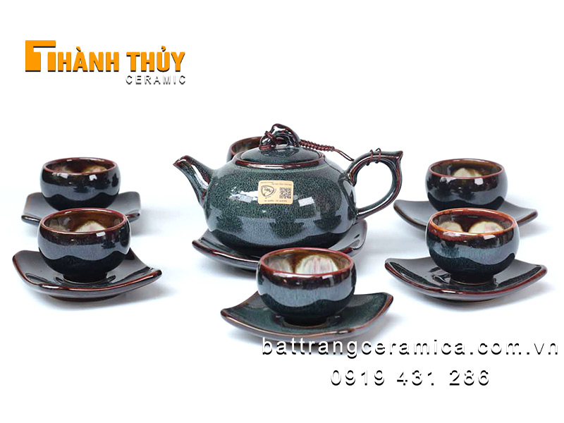 Bộ ấm chén hỏa biến gấm xanh độc đáo cao cấp quà tặng sang trọng